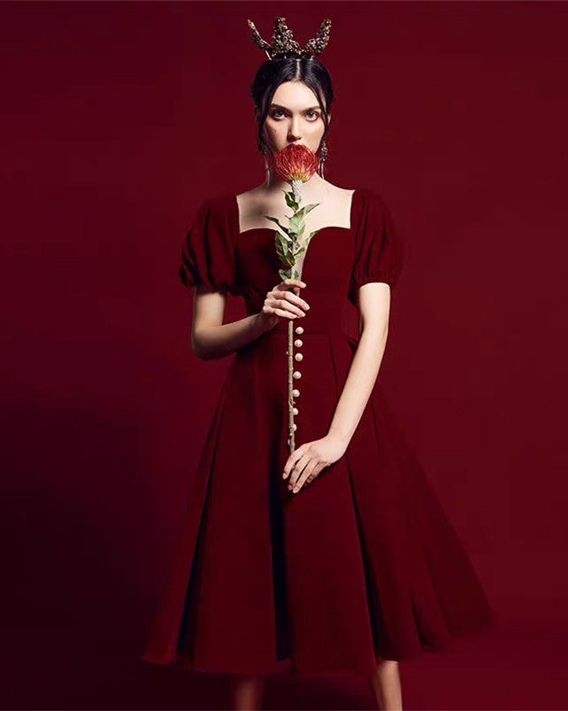Vintage 1980s Style Prom Dresses Tea Length Puffy Sleeves
