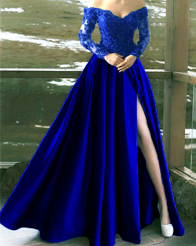 Lace Long Sleeves Off Shoulder Satin Split Dress
