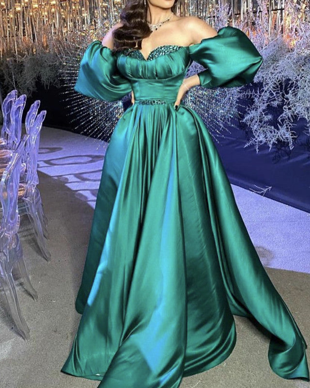 Puffy Sleeves Prom Dresses Satin Long Off The Shoulder – alinanova