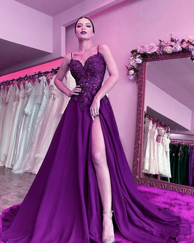 purple sweetheart prom dress Purple Sweetheart A Line Tulle Printed Ruffle Tiered Prom Dresses With Slit, Purple / 2