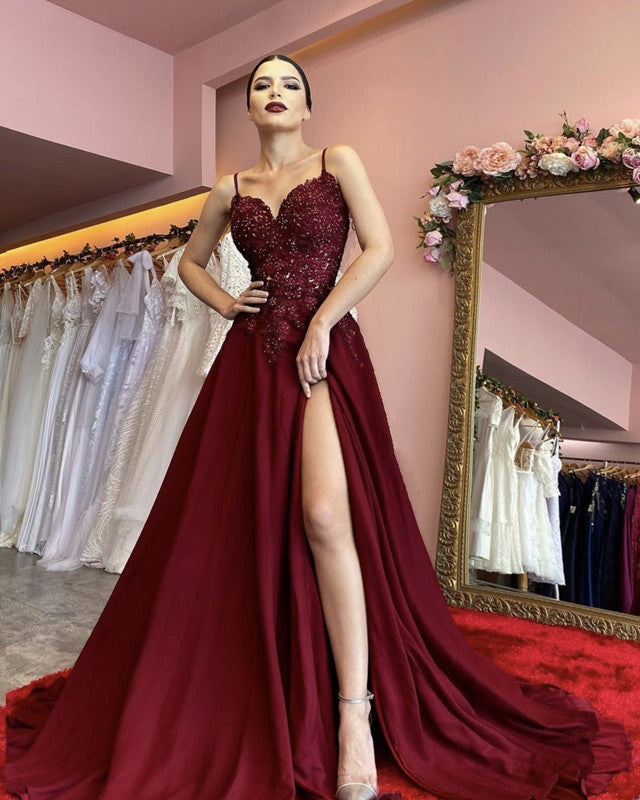 Lace Sweetheart Prom Dresses Spaghetti Straps Satin Split