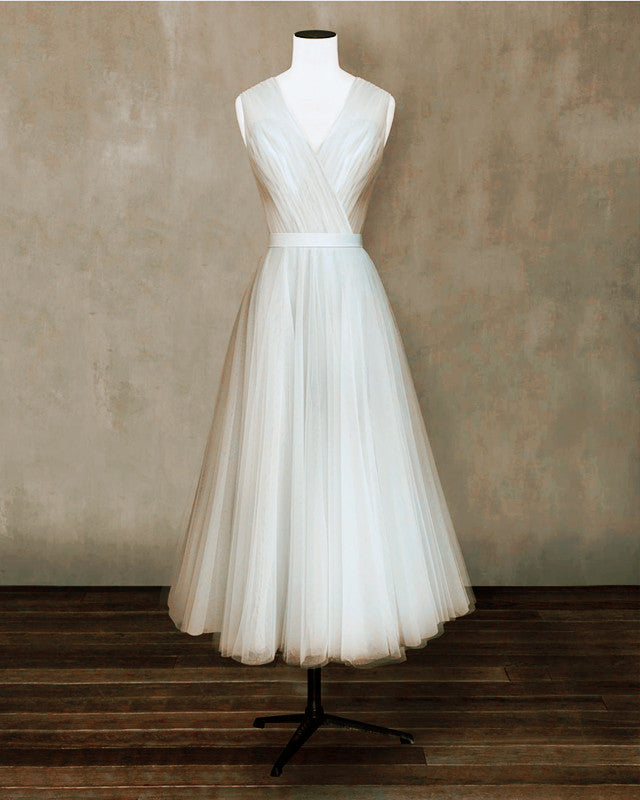 Elegant Pleated Tulle Midi Prom Party Dresses Elegant Pleated Tulle Midi Prom Party Dresses