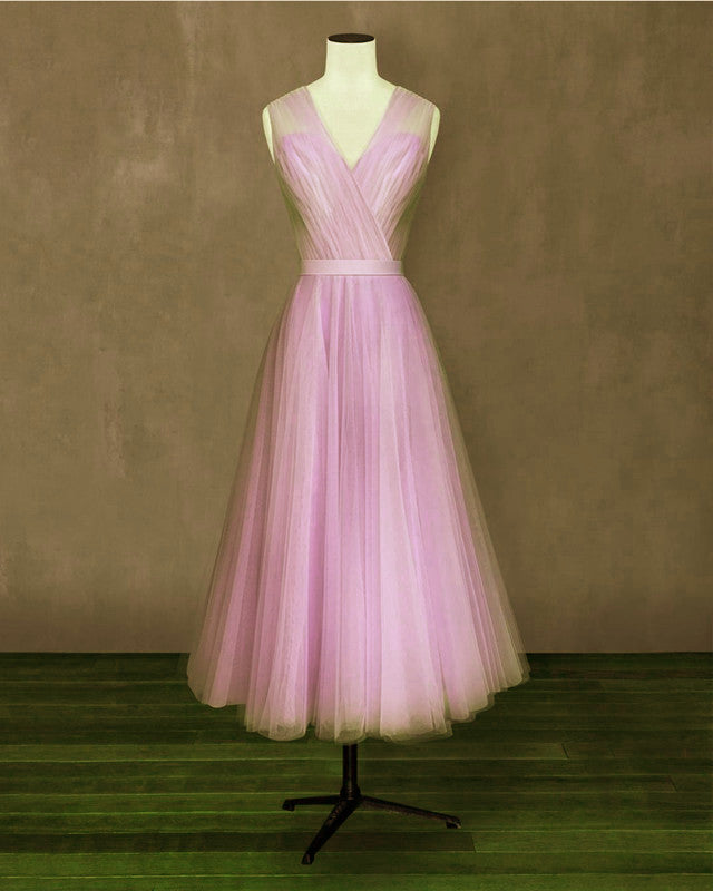 Elegant Pleated Tulle Midi Prom Party Dresses