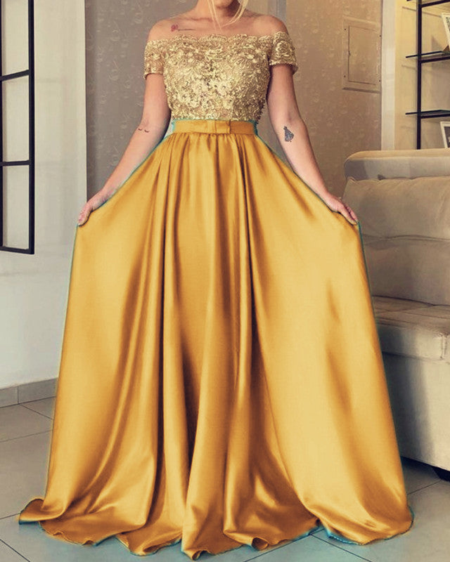 A-line /Princess Prom Dresses Long With Gold Lace