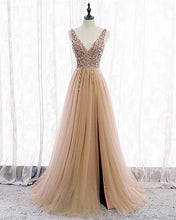 Load image into Gallery viewer, Tulle V Neck Sequins Beaded Dresses With Slit
