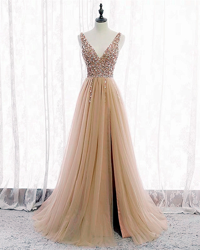 sequin and beaded dresses Long Tulle Sequins Beaded Prom Evening Dresses V Neck Split – alinanova
