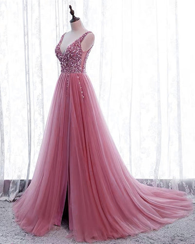 Tulle V Neck Sequins Beaded Dresses With Slit-alinanova