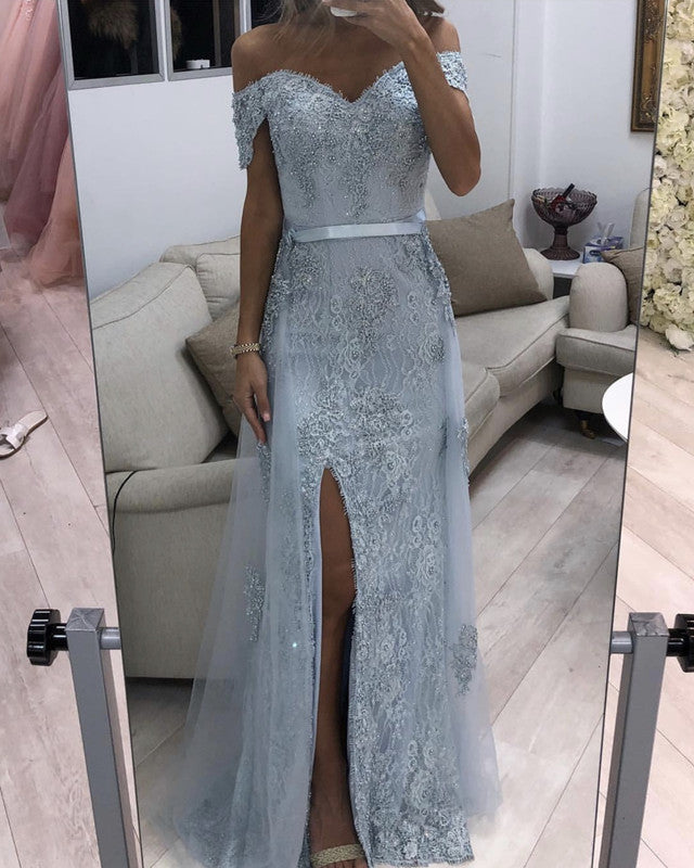 prom dresses silver and white Silver Mermaid Prom Dresses Lace Split