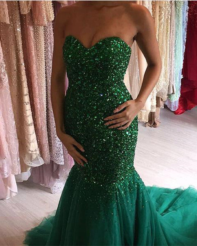 Luxury Crystal Beaded Mermaid Evening Dresses Sweetheart Prom Gowns-alinanova