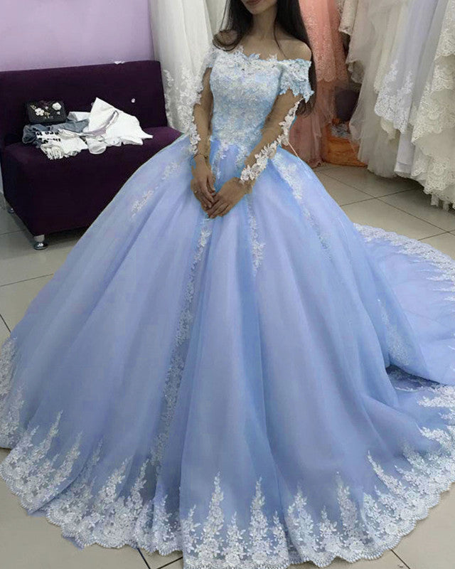 Long Sleeves Quinceanera Dresses Off Shoulder Lace Appliques-alinanova