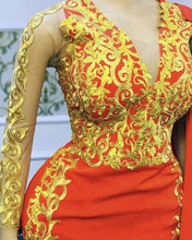 Load image into Gallery viewer, Mermaid Orange Prom Dresses Gold Lace Long Sleeves
