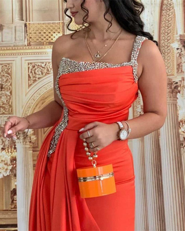 one shoulder orange prom dress Mermaid One Shoulder Orange Prom Dresses Beaded Split