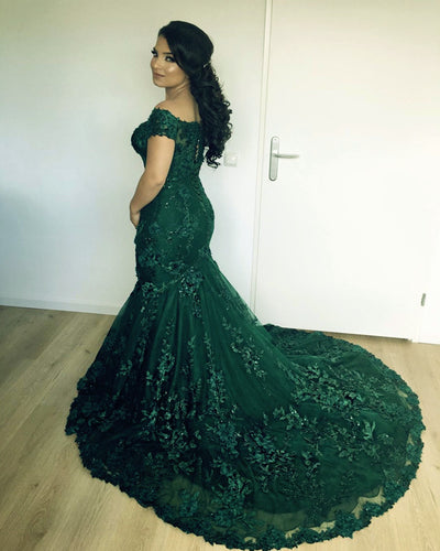 Stylish Lace Mermaid Evening Dresses Off-the-shoulder Prom Gowns-alinanova