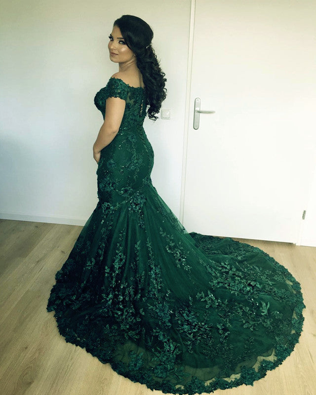 Stylish Lace Mermaid Evening Dresses Off-the-shoulder Prom Gowns-alinanova
