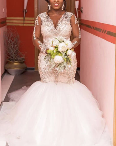 Crystal Beaded Mermaid Wedding Dress Long Sleeves-alinanova