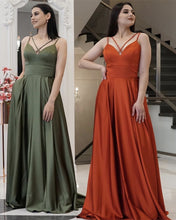 Load image into Gallery viewer, Long Satin Cross Neck Bridesmaid Dresses With Pockets
