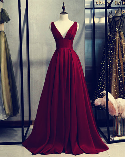 V Neck Prom Dresses Satin Floor Length-alinanova