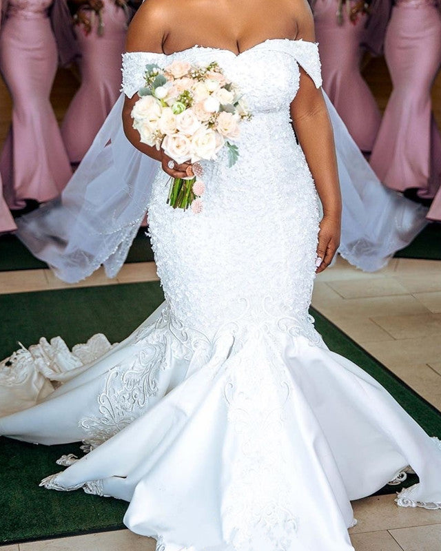 Plus Size Mermaid Wedding Gowns Lace Embroidery Off Shoulder