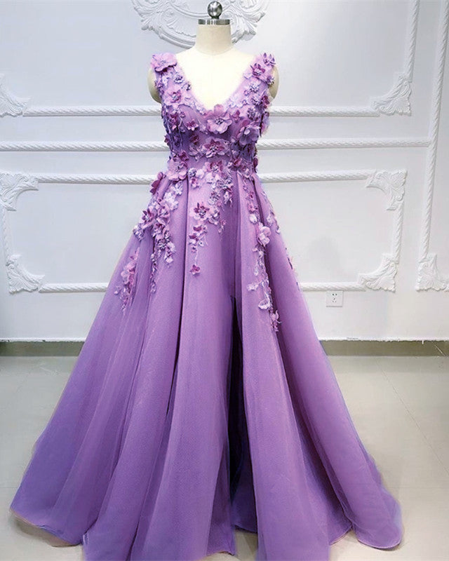 Lace Flowers Embroidery Prom Dresses Tulle Split alinanova Lace Flowers Embroidery Prom Dresses Tulle Split alinanova