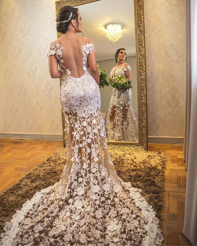 Vintage Mermaid Wedding Dress Lace Emroidery Nude Back alinanova Vintage Mermaid Wedding Dress Lace Emroidery Nude Back alinanova