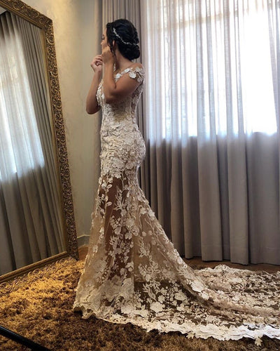 3D Lace Mermaid Wedding Dress Sheer Neck Cap Sleeves-alinanova