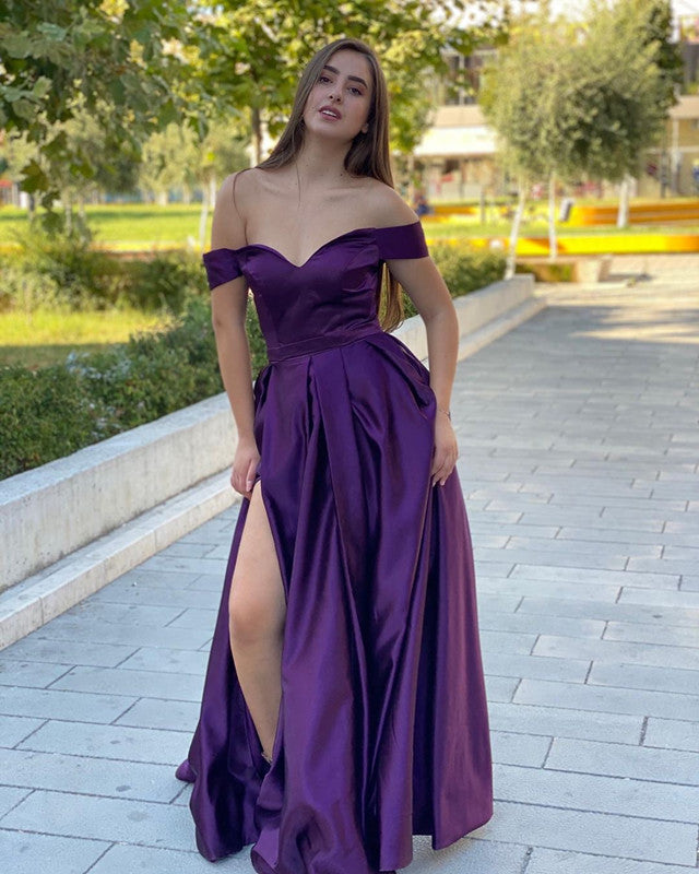 Long Eggplant Prom Dresses Satin Split Off The Shoulder