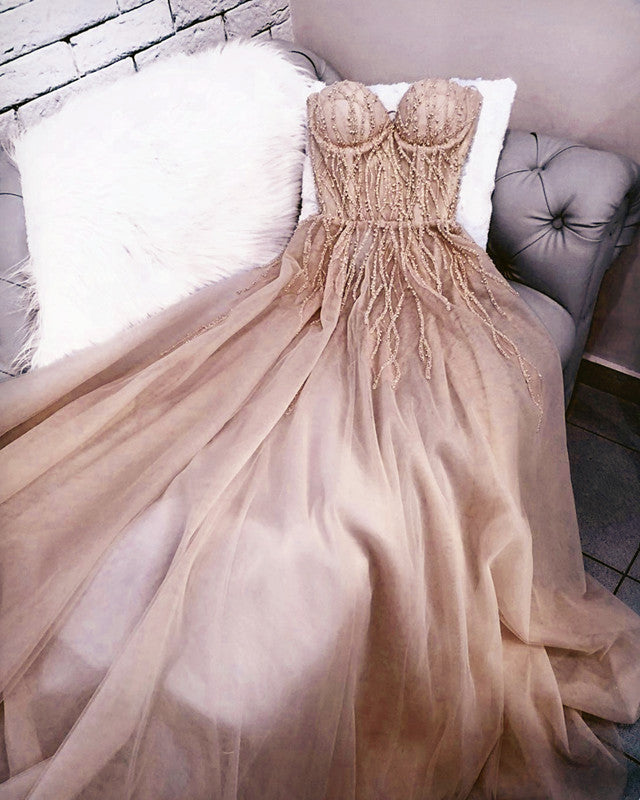 Long Tulle Prom Dresses Sweetheart Pearl Beaded-alinanova