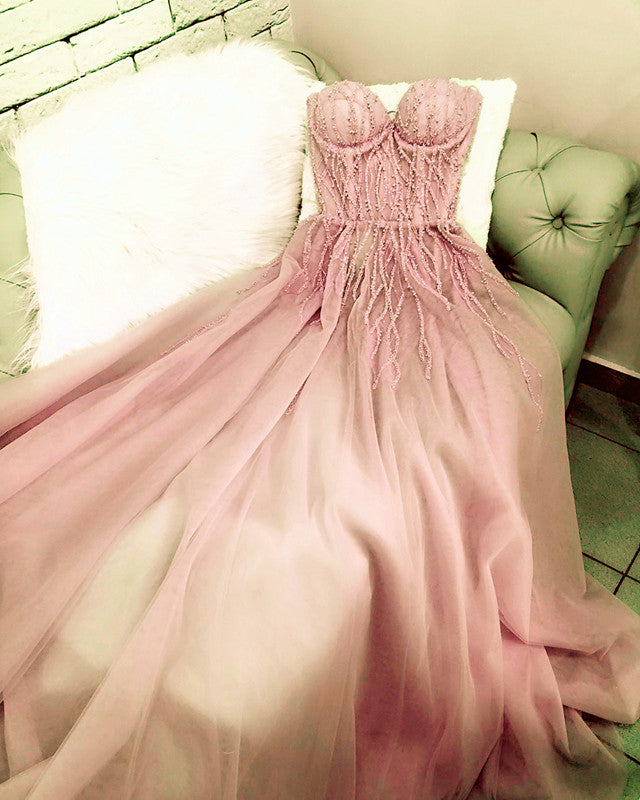 Long Tulle Beaded Sweetheart Corset Prom Dress
