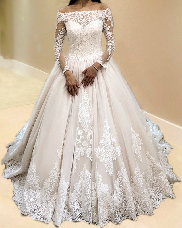 Vintage Off Shoulder Wedding Dress Lace Sleeved-alinanova