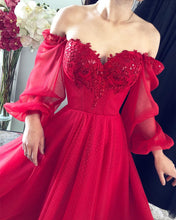 Load image into Gallery viewer, Tulle Off The Shoulder Prom Dresses With Sleeves
