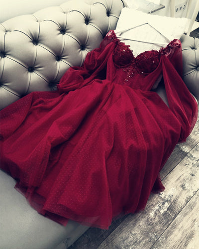 Burgundy Puffy Sleeves Prom Dress