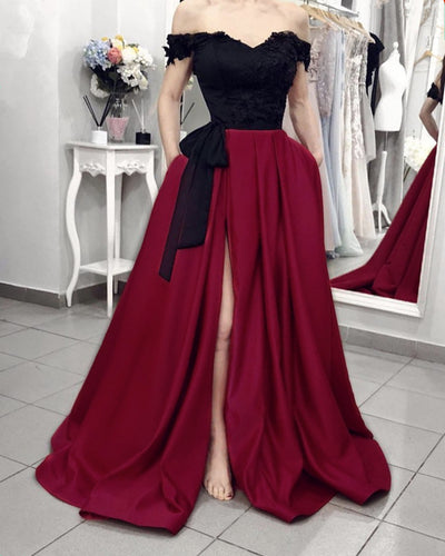 Black Top Evening Dress Off The Shoulder Satin Split-alinanova