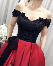 Load image into Gallery viewer, Black Top Evening Dress Off The Shoulder Satin Split
