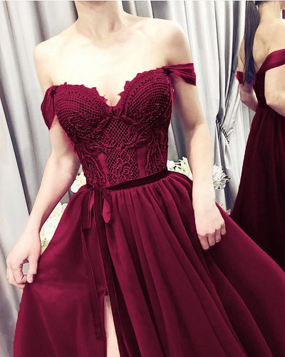Lace Embroidery Prom Dresses Side Split Off The Shoulder-alinanova
