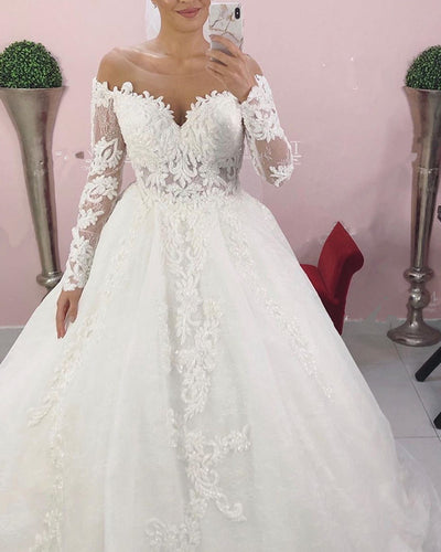 Sheer Neck Wedding Dress Lace Long Sleeves-alinanova