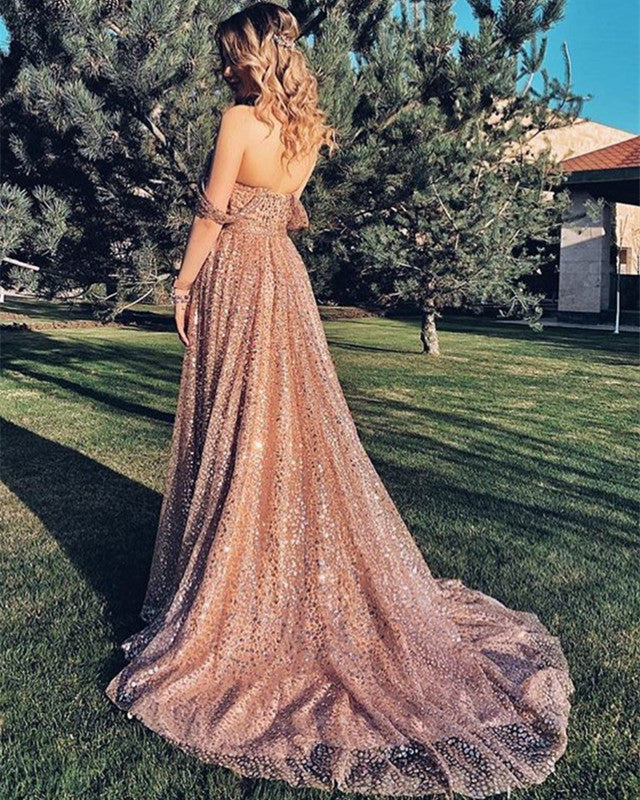 rose gold prom dresses 2021 Glitter Tulle Off The Shoulder all over sequin gown