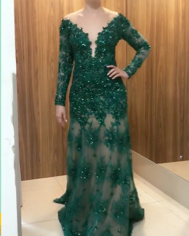 Long Sleeves Lace Mermaid Prom Dresses Sheer Neck – alinanova