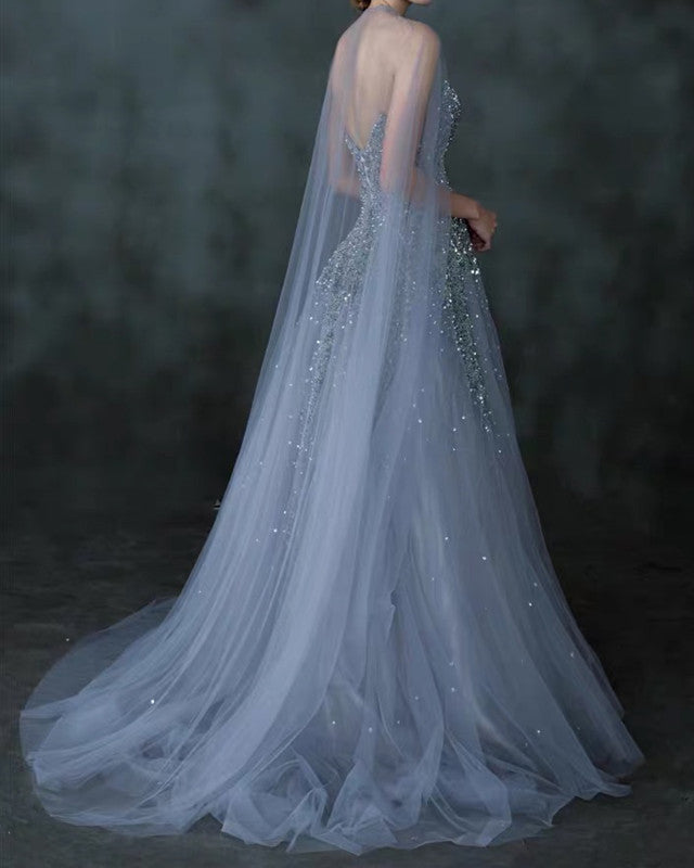 white with silver wedding dress Silver Tulle Wedding Dress With Cape