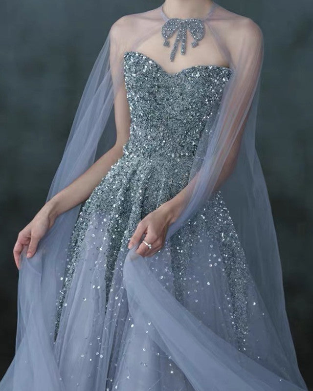 Silver Tulle Wedding Dress With Cape