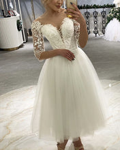 Load image into Gallery viewer, Tulle Tea Length Wedding Dress With Lace Sleeves-alinanova
