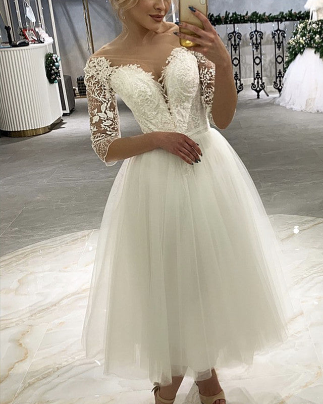Tulle Tea Length Wedding Dress With Lace Sleeves-alinanova