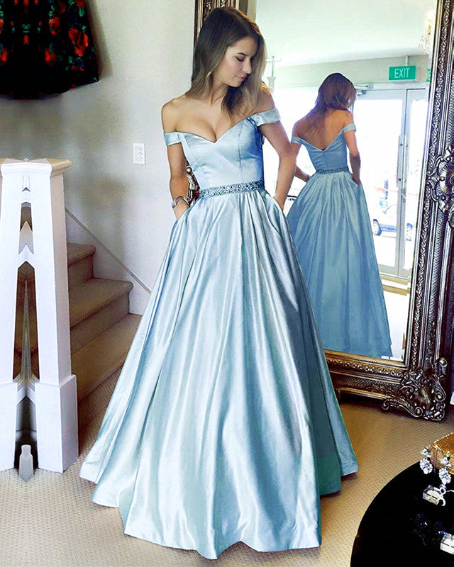 baby blue prom dresses Light Tulle A-line V-neck Beaded MP658 Tulle Fabric Color Pearls Sky Blue Satin and