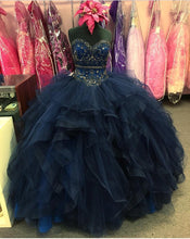 Load image into Gallery viewer, beaded sweetheart organza ruffle snavy blue quinceanera dresses ball gowns
