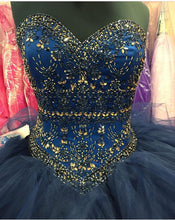 Load image into Gallery viewer, beaded sweetheart organza ruffle snavy blue quinceanera dresses ball gowns

