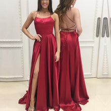 Load image into Gallery viewer, Long Satin Open Back Prom Dresses Leg Slit Evening Gowns
