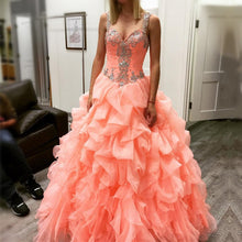 Load image into Gallery viewer, coral organza ruffles beaded sweetheart quinceanera dresses ball gowns-alinanova
