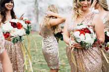 Load image into Gallery viewer, gold sequins v neck sheath bridesmaid dresses
