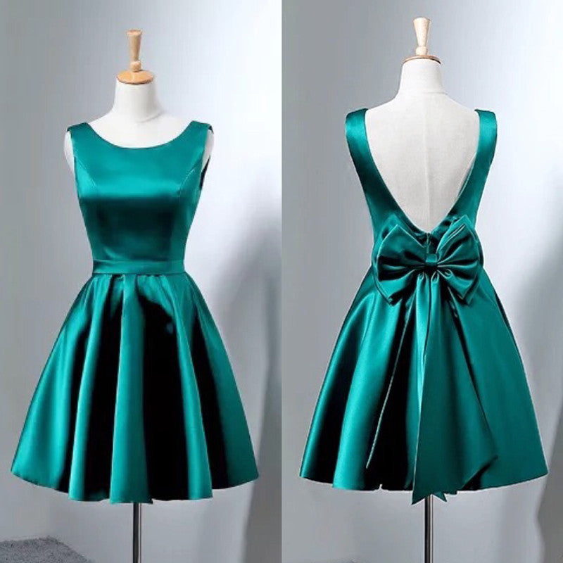 Short Hunter Green Satin Prom Dress With Bow Short Hunter Green Satin Prom Dress With Bow