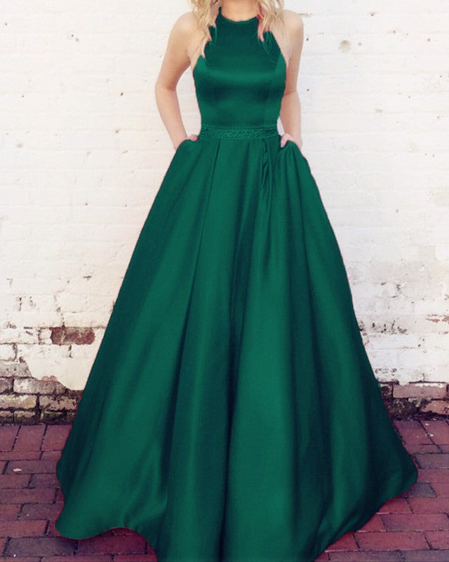Halter Prom Dresses Satin Ball Gown With Pocket – alinanova