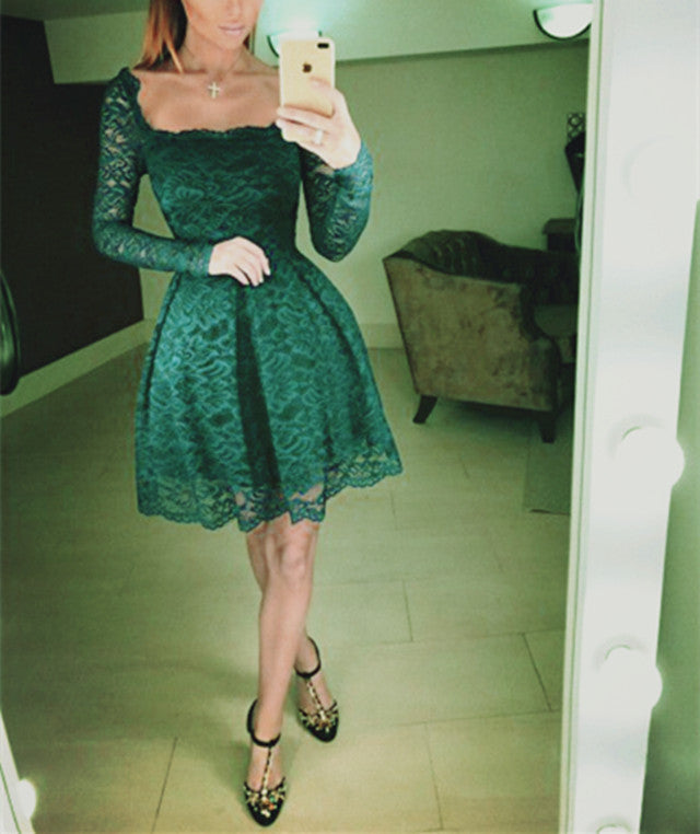 Emerald Green Lace Homecoming Dresses Long Sleeves Prom Short Dresses Emerald Green Lace Homecoming Dresses Long Sleeves Prom Short Dresses